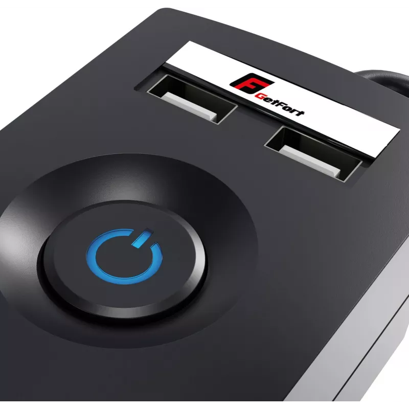 GETFORT 5P-3M-B-USB pārsprieguma aizsardzības pagarinātājs, 5 kontaktligzdas, 2 USB-A porti, 3 m kabelis, melns