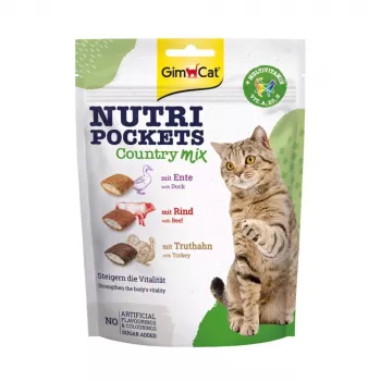 GimCat Nutri Pockets Country Mix kaķu gardumi 150g – Kraukšķīgas kabatiņas ar vistu, liellopu un jēru, bagātinātas ar taurīnu un vitamīniem