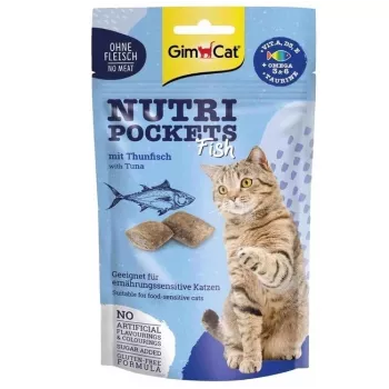 GimCat Nutri Pockets Fish with Salmon 60g – Kraukšķīgi kaķu našķi ar krēmīgu pildījumu ādai un kažokam
