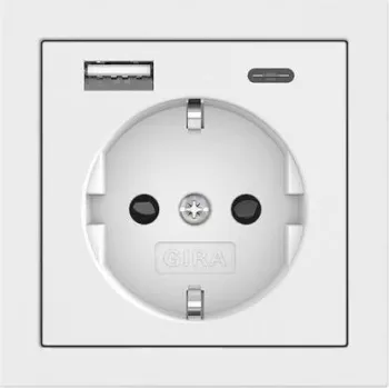 Gira SCHUKO kontaktligzda ar USB barošanas bloku, 2x USB-A 5V 2.1A, iedziļinātā montāža, tīri balta spīdīga 245970