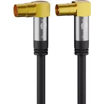 Goobay TV antenas kabelis 10 m, 4x ekranēts, 135 dB, ar zeltītiem leņķa koaksiālajiem savienotājiem, melns 70475
