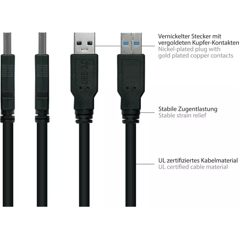 GoodConnections Alcasa USB 3.2 Gen 1 kabelis, USB-A uz Micro-B, 3 m, melns UK30P-AMB-030S