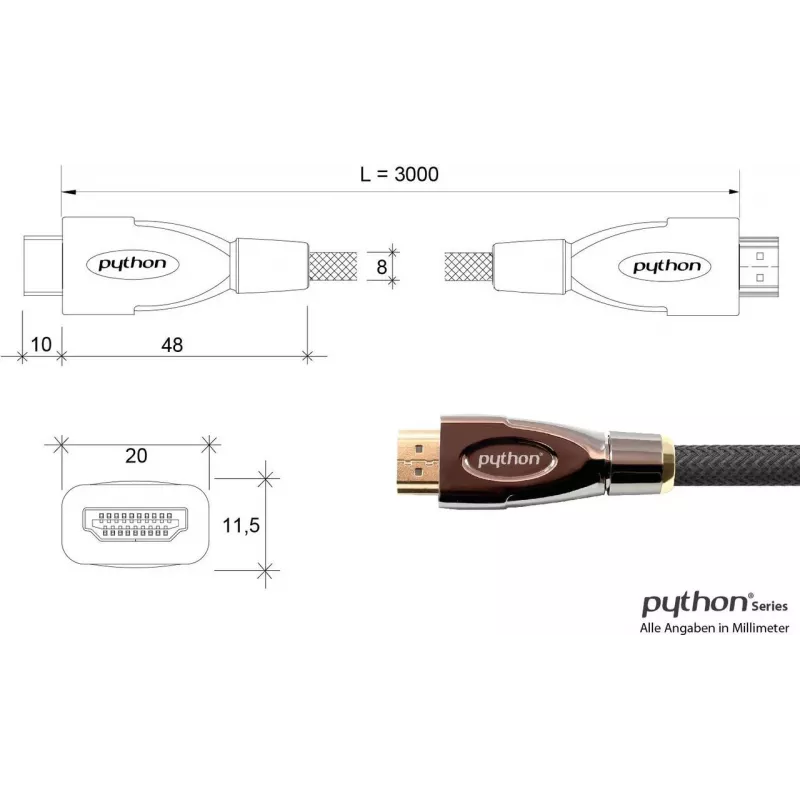 GoodConnections PYTHON Series High-Speed HDMI kabelis ar Ethernet, 4K UHD 60Hz, 18Gbps, zelta pārklājums, neilona pinums, 3m, melns (GC-M0018)