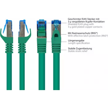 GoodConnections RNS® Cat. 6A S/FTP bezhalogēna līdzens kabelis ar aizsardzību pret atslēgšanos, 3 m, zaļš