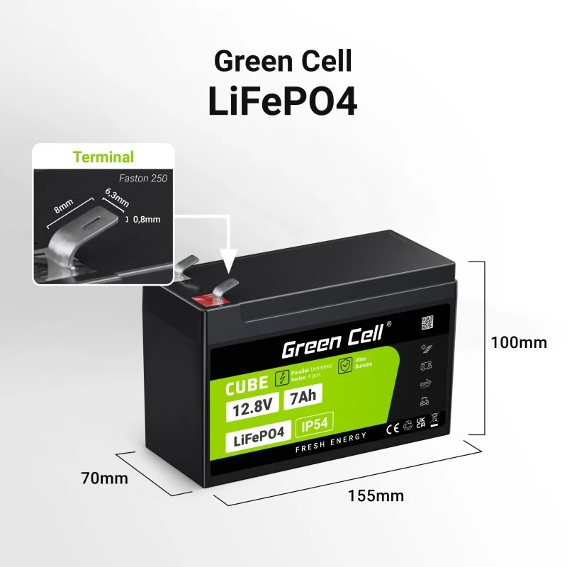 Green Cell LFPGC12V7AH UPS Akumulators Litija Dzelzs Fosfāts (LiFePO4) 12.8 V 7 Ah