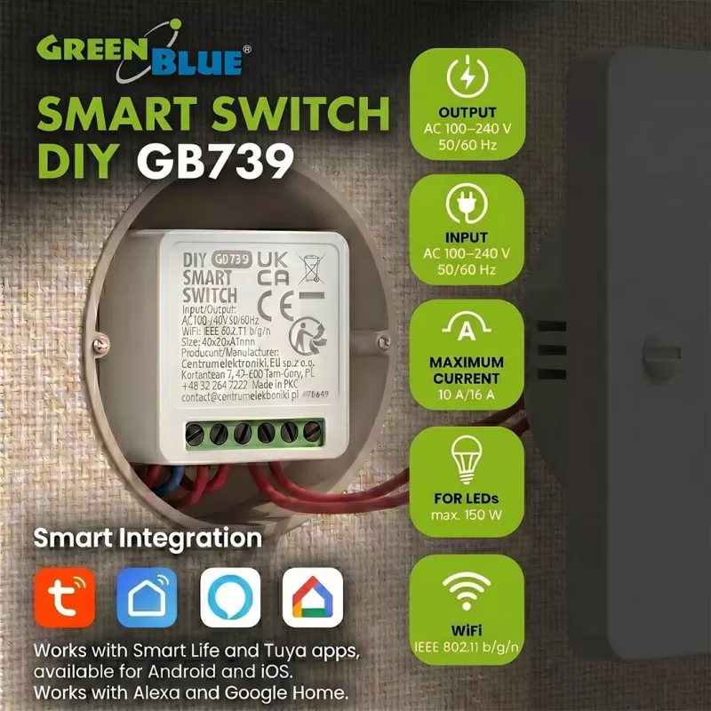 GREENBLUE Flush-Mount Wi-Fi vadības relejs GB739