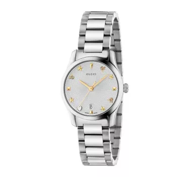 Gucci G-Timeless dāmu pulkstenis YA126572A 27mm nerūsējošais tērauds sudraba ciparnīca dimanta stundu marķieri Šveices kvarcs