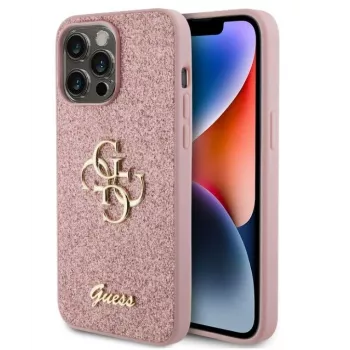 GUESS Apple iPhone 15 Pro Max Fixed Glitter 4G Maciņš ar Metāla Logotipu Rozā