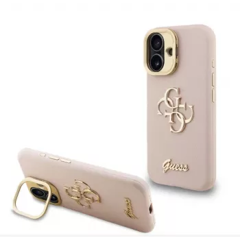 Guess Apple iPhone 16 Pro Max PU graudains 4G logo statīva kameras rāmis maciņš rozā