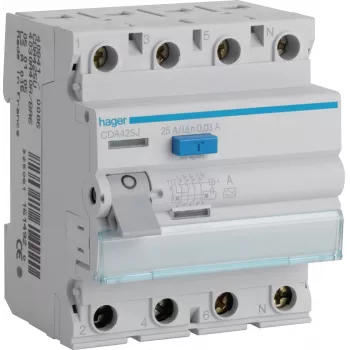 HAGER CDA425J 25A 4P 30mA Type A RCCB Noplūdes Strāvas Aizsargs 6kA