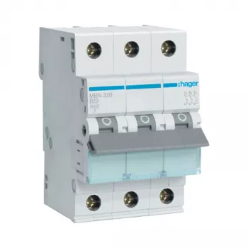Hager MBN320 3-poligais automātiskais slēdzis 20 A, B-raksturlīkne, 6 kA, 3 moduļi