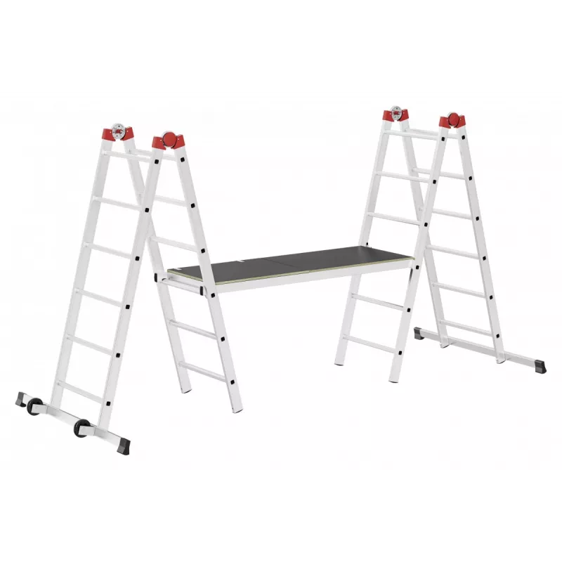 HAILO G60 alumīnija sastatnes, 2x12 pakāpieni, maks. darba augstums 7,0 m, sudraba/sarkanas