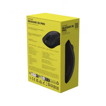 Hator Quasar 3S Pro bezvadu spēļu pele, melna, 26000 DPI, optiska, 2.4 GHz, USB-C, labā roka, RGB