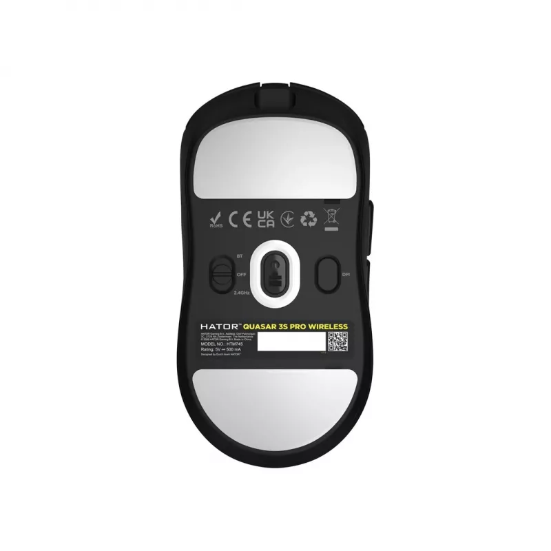 Hator Quasar 3S Pro bezvadu spēļu pele, melna, 26000 DPI, optiska, 2.4 GHz, USB-C, labā roka, RGB