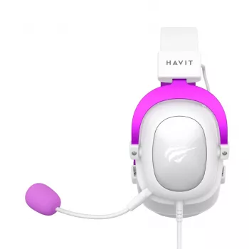 HAVIT H2002d vadu spēļu austiņas ar RGB apgaismojumu, noņemamu mikrofonu, 50 mm draiveriem, baltā/violetā krāsā