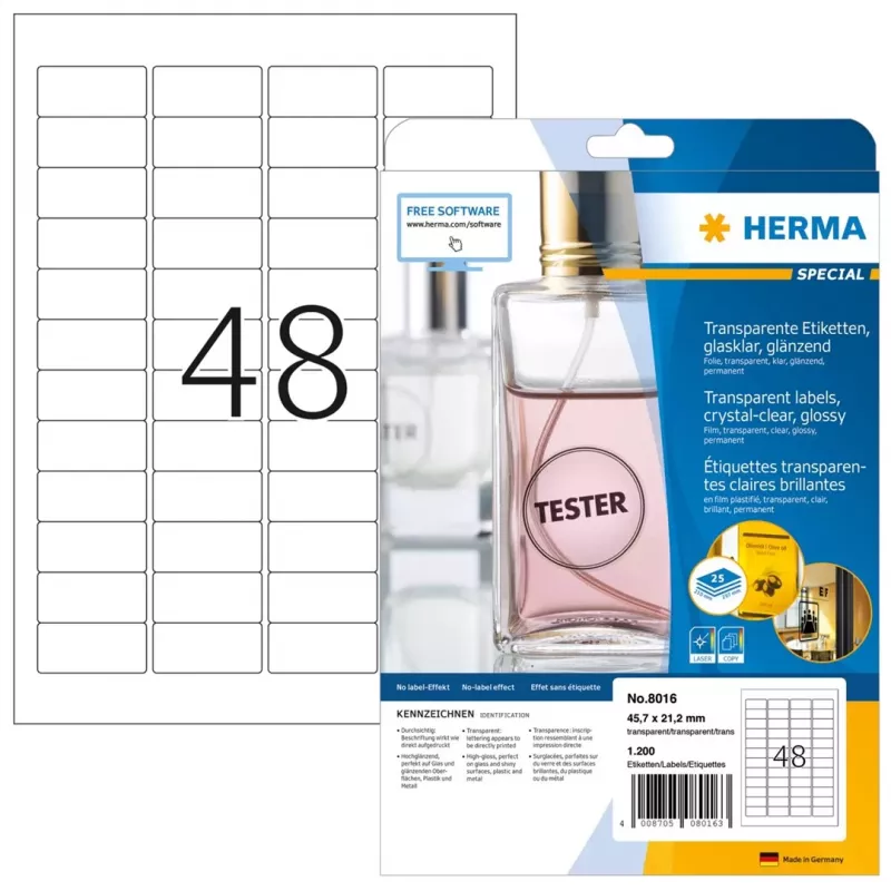 HERMA 8016 Crystal Clear Glossy Polyester Labels A4 45,7 x 21,2 mm 1200 uzlīmes