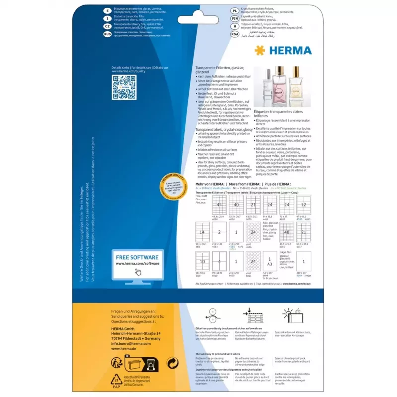 HERMA 8016 Crystal Clear Glossy Polyester Labels A4 45,7 x 21,2 mm 1200 uzlīmes