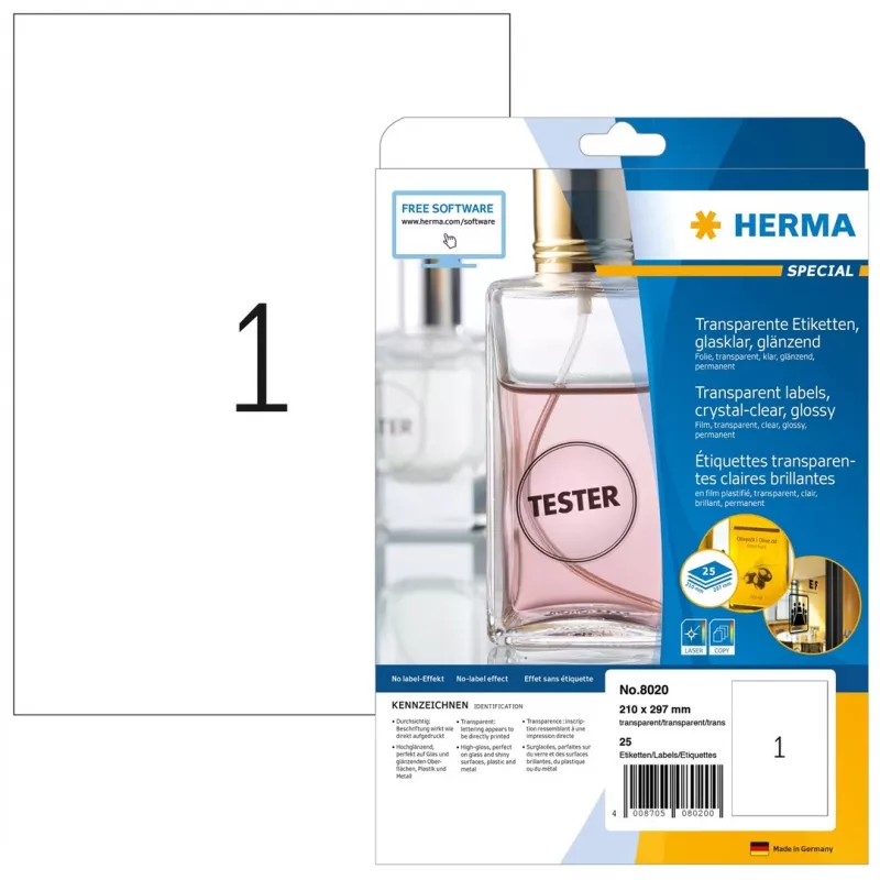 HERMA Special spīdīgas caurspīdīgas A4 pašlīmējošas poliestera plēves etiķetes, 25 loksnes