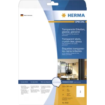 HERMA Special spīdīgas caurspīdīgas A4 pašlīmējošas poliestera plēves etiķetes, 25 loksnes