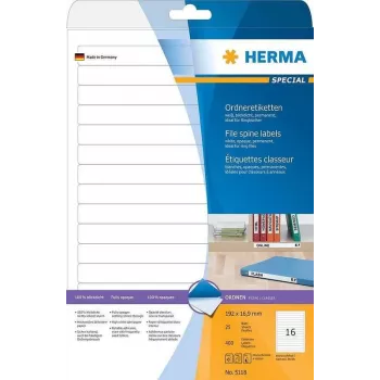 HERMA Special pastāvīgi lipīgas matētas necaurspīdīgas lietu uzlīmes, papīrs, baltas, 192 x 16,9 mm, 400 uzlīmes (25 loksnes x 16) (5118)