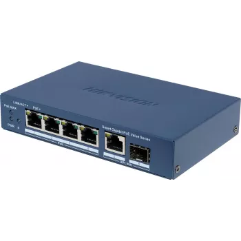 Hikvision DS-3E1506P-EI/M-4P1T1F(O-STD) nepārvaldāms slēdzis ar 4 PoE+ portiem, 1 Gigabit RJ45 un 1 SFP augšupsaiti