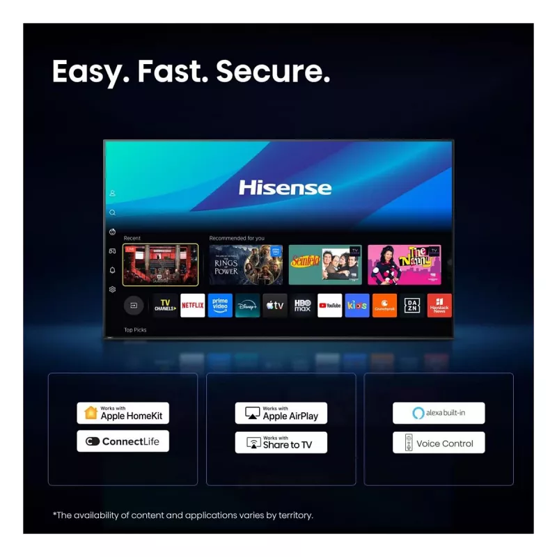 HISENSE 75 collu 4K Ultra HD viedtelevizors (DLED, VIDAA U5.0, HDR10, Dolby Vision, 60Hz, 8ms, 3 HDMI, 2 USB, LAN, Wi-Fi, Bluetooth, VESA 400x400, 25.5kg)