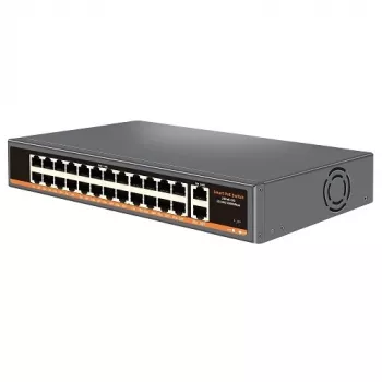 HISMART 24 portu PoE+ tīkla komutators ar 2 Gigabitu uplink portiem, 300W budžetu, montējams rack skapī