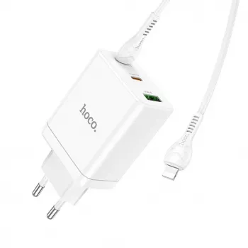 HOCO 35W sienas lādētājs ar diviem USB-C un USB-A PD & QC3.0, iekļauts USB-C uz Lightning kabelis, balts