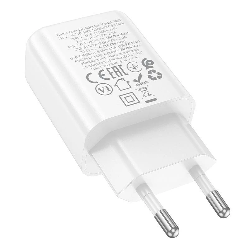 Hoco N63 Gentle PD30W+QC3.0 Lādētājs (ES) Balts