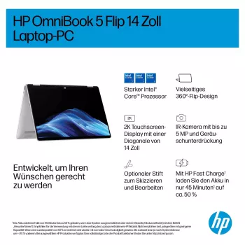 HP OmniBook 5 Flip 14-fp0450ngx 2-in-1 klēpjdators, Intel Core 5 120U, 16GB RAM, 512GB SSD, 14 collu Touch FHD, Windows 11 Home, vācu tastatūra