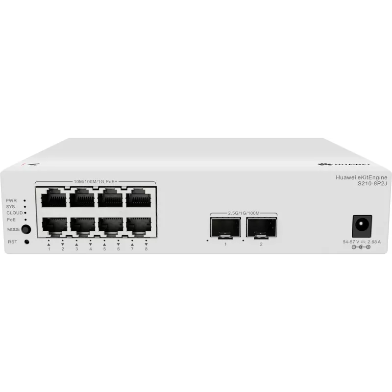 Huawei S210-8P2J pārvaldāms L2 komutators ar 8 Gigabit PoE+ portiem un 2 SFP uplink portiem, 128W PoE budžets 98012922-001