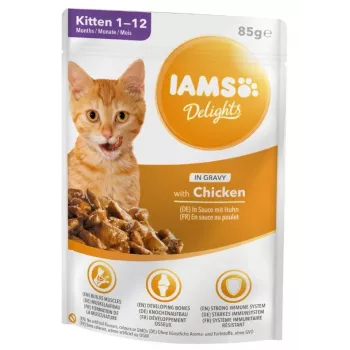 IAMS Delights Kaķēniem Vistas gaļa mērcē Mitrā kaķu barība, 12 x 85g Pākšu