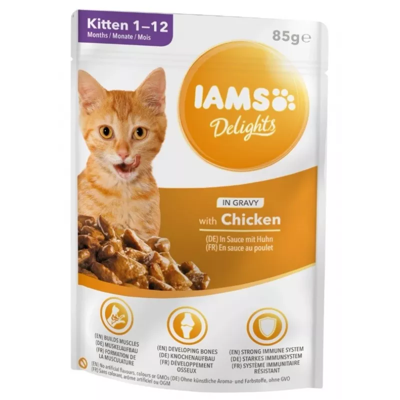 IAMS Delights Kaķēniem Vistas gaļa mērcē Mitrā kaķu barība, 12 x 85g Pākšu