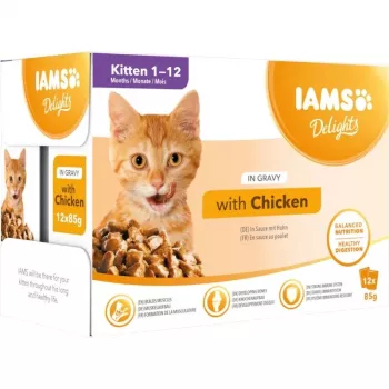 IAMS Delights Kaķēniem Vistas gaļa mērcē Mitrā kaķu barība, 12 x 85g Pākšu