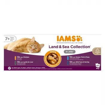 IAMS Senior gaļas un zivju maisījums želejā mitrā kaķu barība – 48 x 85 g paciņas