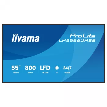 IIYAMA LH5566UHSB-B1 55 collu 4K UHD profesionālais digitālās signalizācijas displejs ar 500 cd/m² spilgtumu, 24/7 darbību, HDMI, USB-C, DP, VGA, Android OS