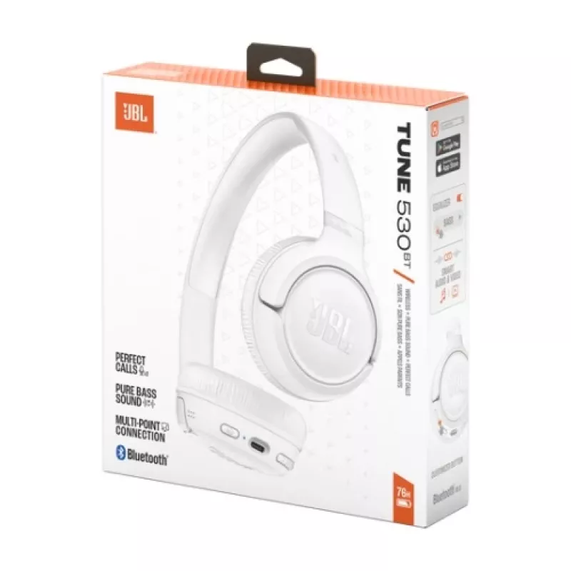 JBL Tune 530BT bezvadu ausis ar Pure Bass, Bluetooth 5.3, 57 stundu bateriju, salokāms dizains – baltas