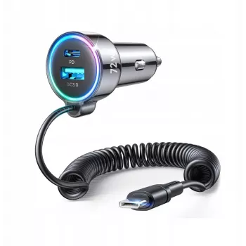 Joyroom Car Charger 3-in-1, C+U ar Type-C spirālvadu 1,6m, 72W, Melns (JR-CL07)
