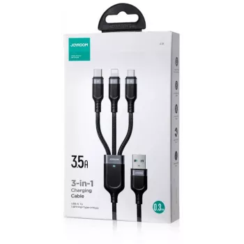 JOYROOM S-1T3018A18 3-in-1 daudzfunkciju uzlādes kabelis USB-A uz USB-C/Micro-USB/Lightning, 30 cm pīts neilons, 3,5 A, melns