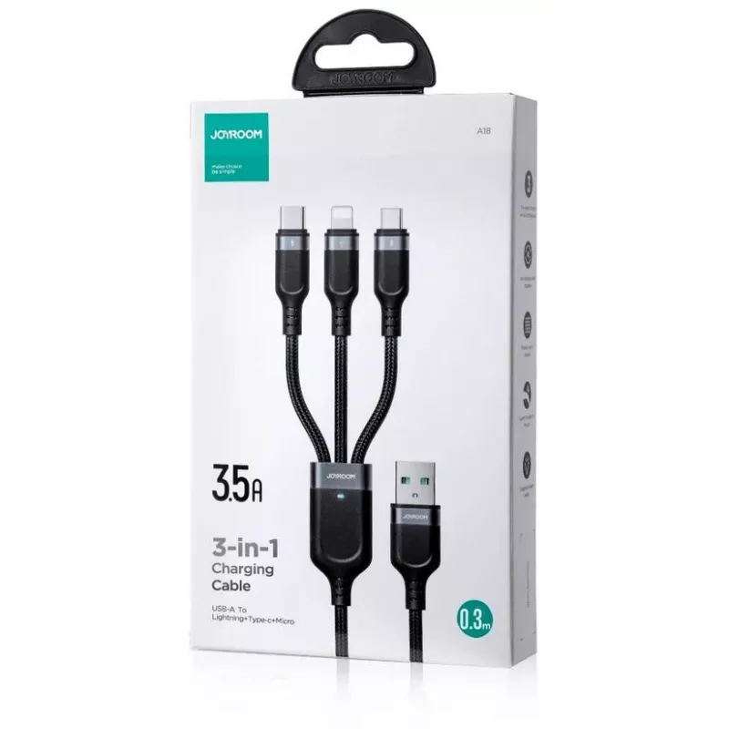 JOYROOM S-1T3018A18 3-in-1 daudzfunkciju uzlādes kabelis USB-A uz USB-C/Micro-USB/Lightning, 30 cm pīts neilons, 3,5 A, melns