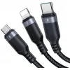JOYROOM S-1T3018A18 3-in-1 daudzfunkciju uzlādes kabelis USB-A uz USB-C/Micro-USB/Lightning, 30 cm pīts neilons, 3,5 A, melns