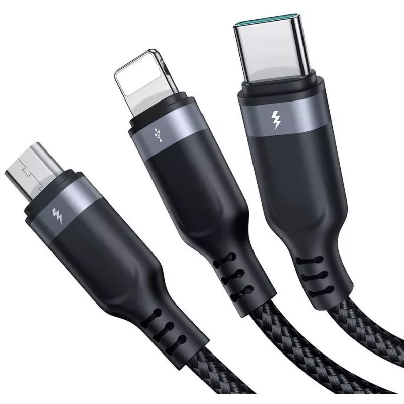 JOYROOM S-1T3018A18 3-in-1 daudzfunkciju uzlādes kabelis USB-A uz USB-C/Micro-USB/Lightning, 30 cm pīts neilons, 3,5 A, melns