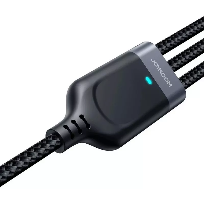 JOYROOM S-1T3018A18 3-in-1 daudzfunkciju uzlādes kabelis USB-A uz USB-C/Micro-USB/Lightning, 30 cm pīts neilons, 3,5 A, melns