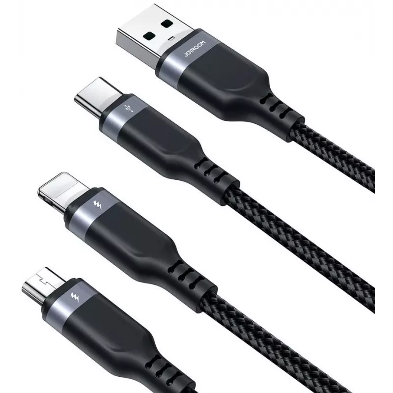 JOYROOM S-1T3018A18 3-in-1 daudzfunkciju uzlādes kabelis USB-A uz USB-C/Micro-USB/Lightning, 30 cm pīts neilons, 3,5 A, melns