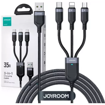 JOYROOM S-1T3018A18 3-in-1 daudzfunkciju uzlādes kabelis USB-A uz USB-C/Micro-USB/Lightning, 30 cm pīts neilons, 3,5 A, melns