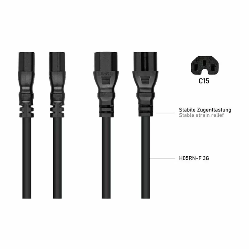 Kabelmeister C14 uz C15 karstā režīma strāvas vads 0,5m 10A 250V melns