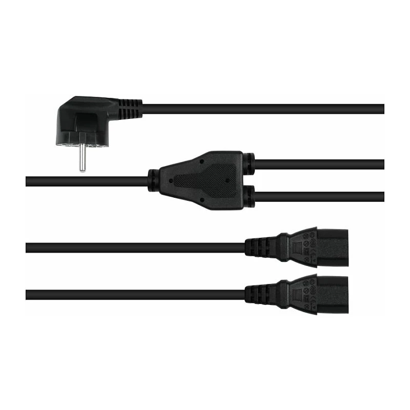 Kabelmeister Schuko spraudnis (90° leņķa) uz 2x IEC C13 Y-sadalītāja kabelis, 2m, melns
