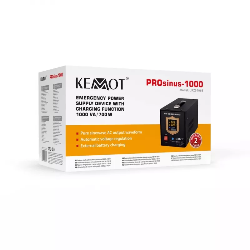KEMOT PROsinus-1000 tīrā sinusoidālā UPS invertors ar lādētāju 12V 230V 1000VA/700W melns