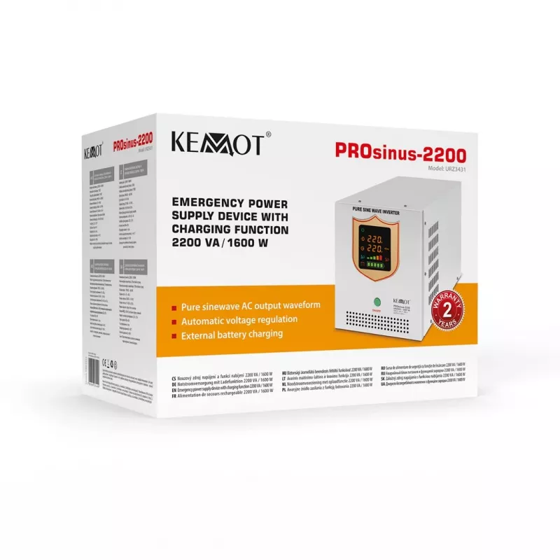 KEMOT PROsinus-2200 tīrā sinusoidālā viļņa invertors ar 12V lādētāju, 230V, 2200VA/1600W