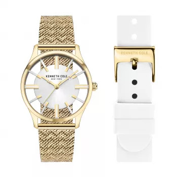 KENNETH COLE Sieviešu kvarca analogs pulkstenis KCWLG2124003 34,5mm nerūsējošā tērauda korpuss balts ciparnīca melna ādas siksniņa